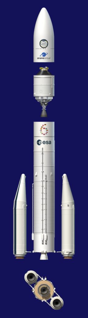 artist s view of the ariane 6 components with two boosters blue background pillars