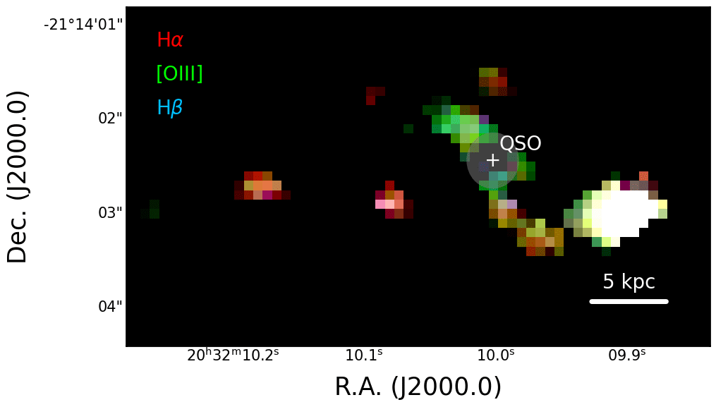 JWST Mappa delle emissioni di riga dell'idrogeno (in rosso e blu) e ossigeno (in verde), nel sistema PJ308-21, mostrato dopo aver mascherato la luce del quasar centrale ("QSO"). I diversi colori della galassia ospite del quasar e delle galassie compagne in questa mappa rivelano condizioni e proprietà fisiche del gas al loro interno. Crediti: Decarli et. al / INAF / A&A 2024