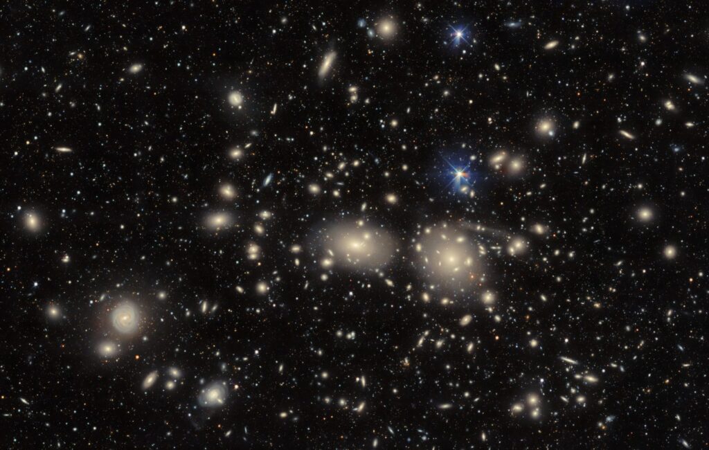 chioma di berenice L’immagine mostra l’enorme ammasso di galassie della Chioma. I dati utilizzati per realizzarla sono stati raccolti dalla Dark Energy Camera (DeCam), montata sul telescopio di 4 metri della National Science Foundation (Nsf) statunitense Víctor M. Blanco presso l’Osservatorio Interamericano di Cerro Tololo, un programma del NoirLab della Nsf. La fotocamera da 570 megapixel è stata costruita per realizzare la Dark Energy Survey (Des), un’incredibile serie di osservazioni di 758 notti tra il 2013 e il 2019, il cui scopo è comprendere la natura dell’energia oscura. Crediti: Ctio/ Noirlab/ Doe/ Nsf/ Aura/ D. de Martin & M. Zamani (Nsf Noirlab)