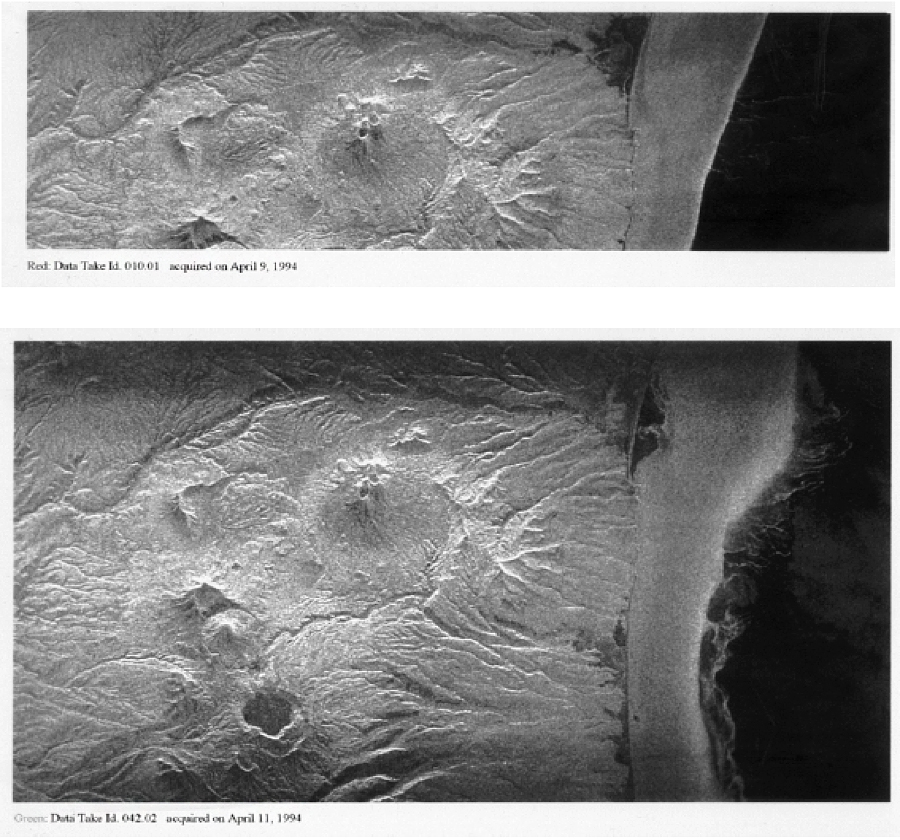 CosmoSkyMed. Elaborazione multi temporale ottenuta sovrapponendo 3 immagini COSMO-SkyMed acquisiti su uno dei vulcani situati nella penisola della Kamchatka. Ad ogni immagine è stato associato uno dei colori RGB. La sovrapposizione dei colori indica cosa nel tempo è mutata tra le diverse acquisizioni sul vulcano. fonte asi