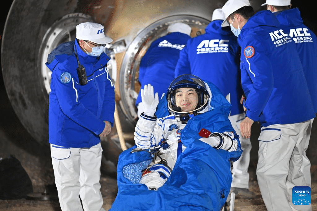 Astronaut Li Guangsu is out of the return capsule of the Shenzhou-18 manned spaceship at the Dongfeng landing site in north China's Inner Mongolia Autonomous Region, Nov. 4, 2024